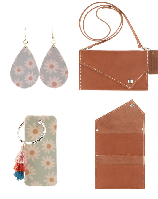 Boho Daisy Crossbody Leather Wallet Bundle